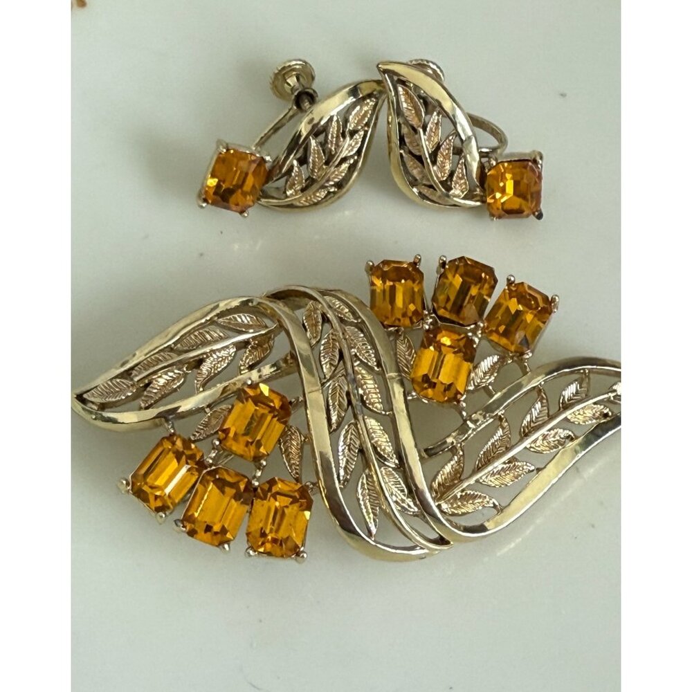 Vintage 50's Coro Flower Brooch & Earring Set Orange Rhinestones